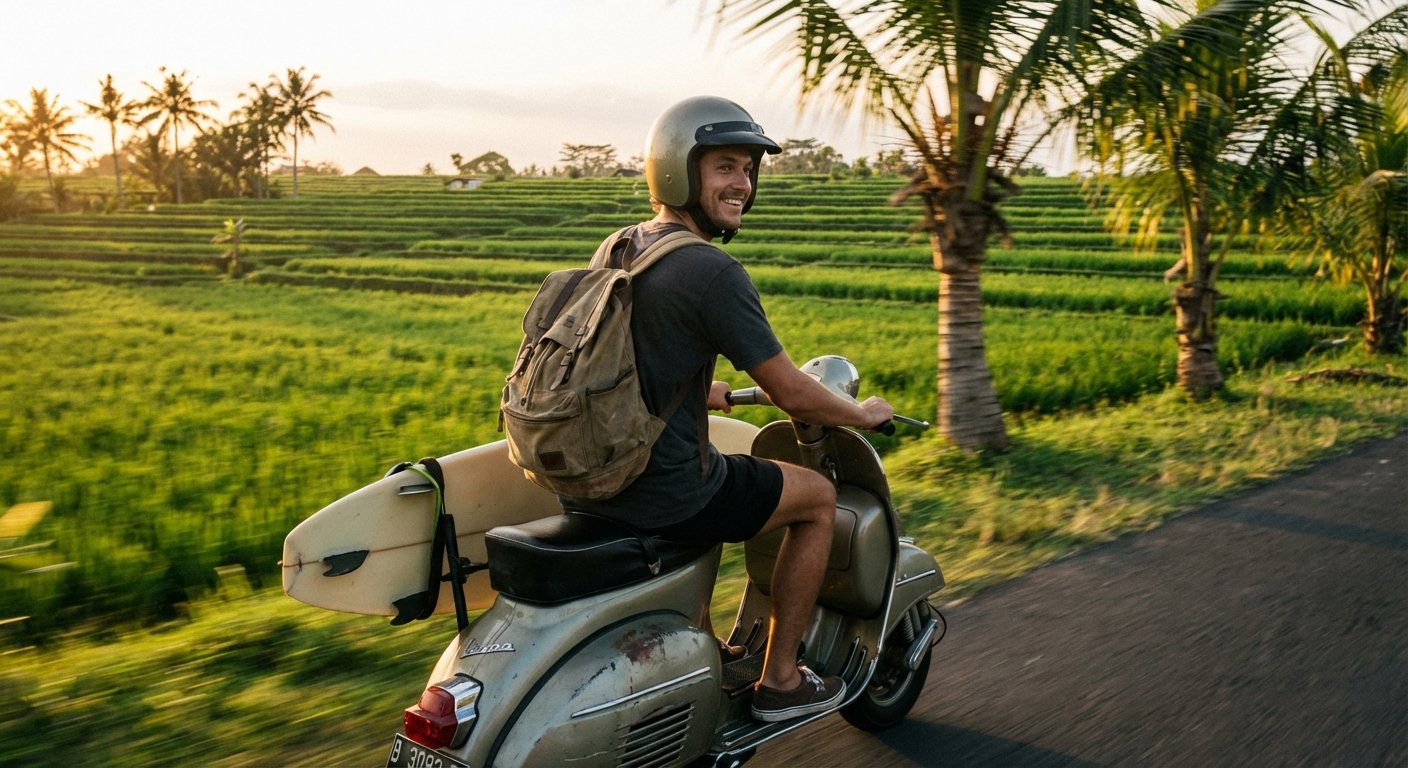 Vista panorámica de Canggu, Bali, con arrozales, palmeras y villas, un entorno idílico para nómadas digitales.