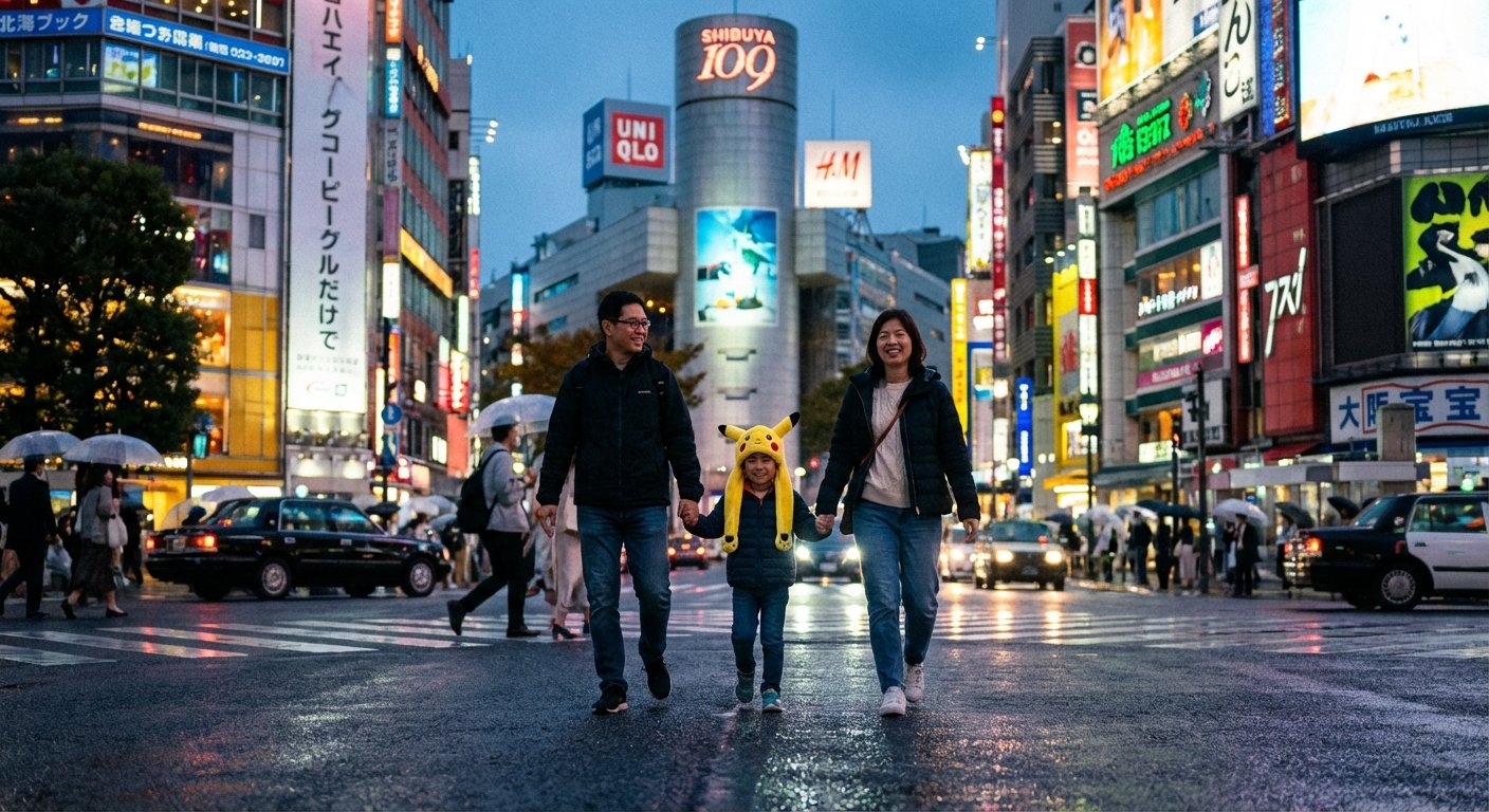 Familia paseando con carrito de bebé por las calles de Japón, mostrando la facilidad de moverse con niños