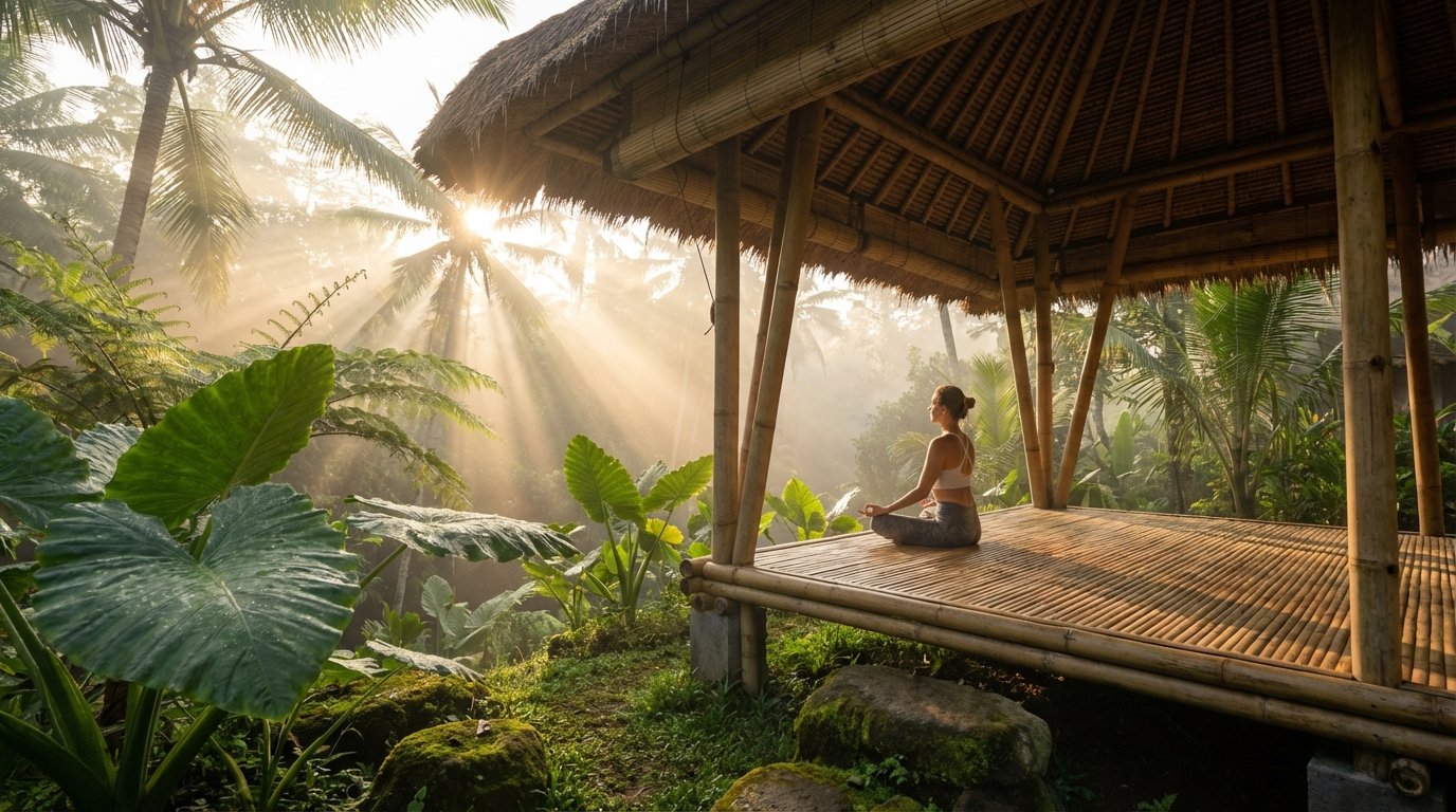 Mujer meditando en un santuario de yoga con vistas a la exuberante naturaleza de Bali