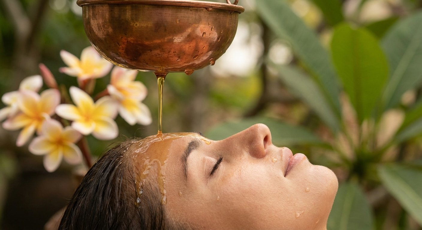 Mujer recibiendo un tratamiento Shirodhara de Ayurveda en un retiro en Sri Lanka, con aceites y entorno natural