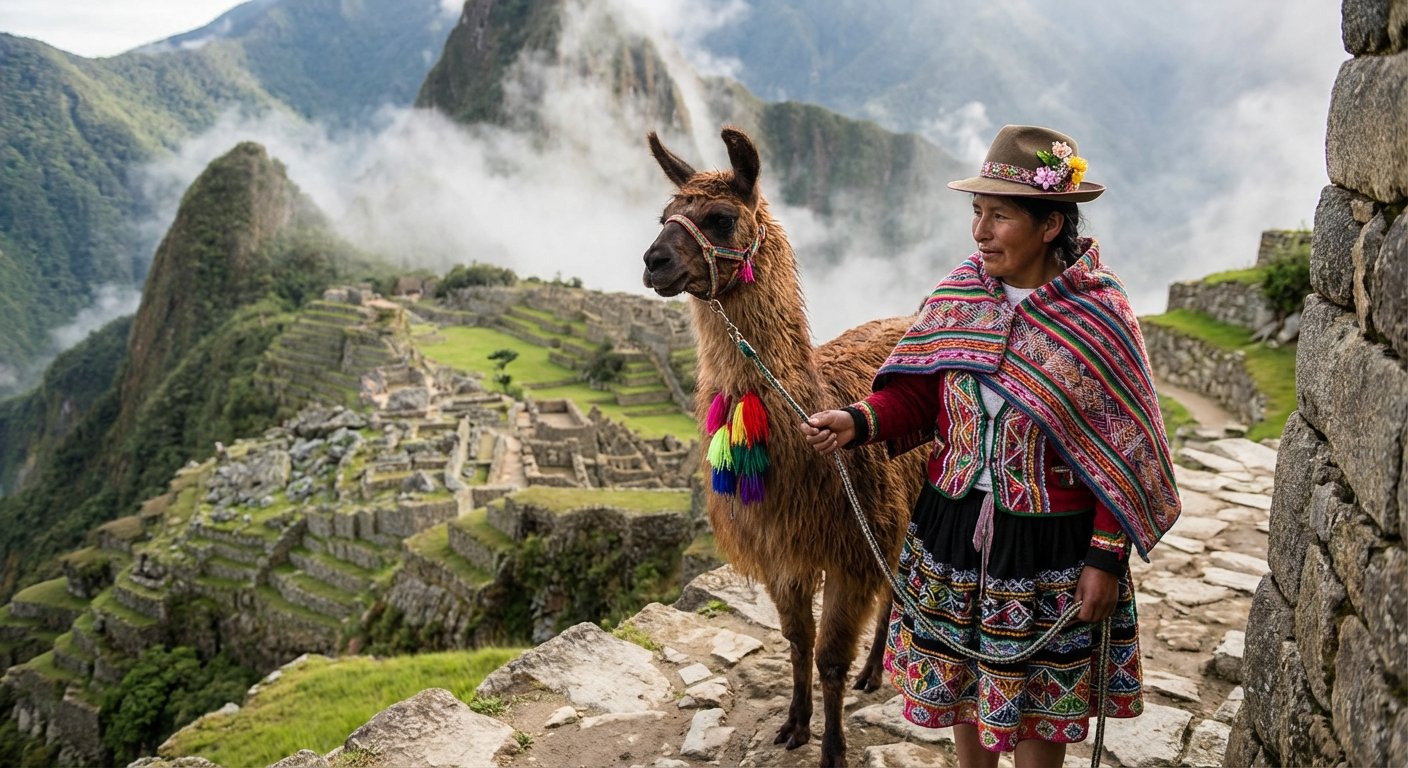 Vista panorámica de Machu Picchu al amanecer, con las montañas circundantes y el valle cubierto de niebla, destacando la grandiosidad del sitio arqueológico.