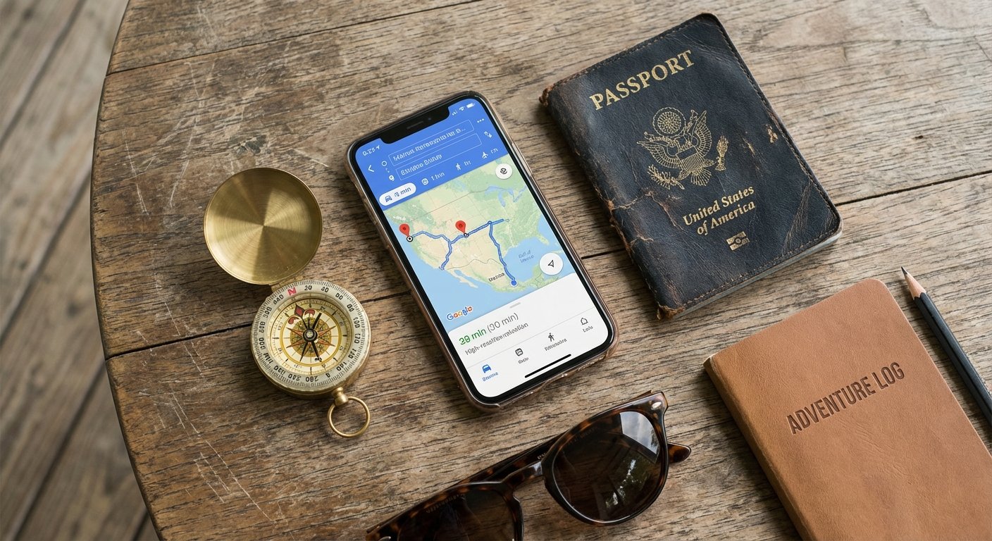 Mujer joven viajando sola, utilizando un smartphone para encontrar su camino o conectarse con otros, con un paisaje urbano vibrante de fondo al atardecer.
