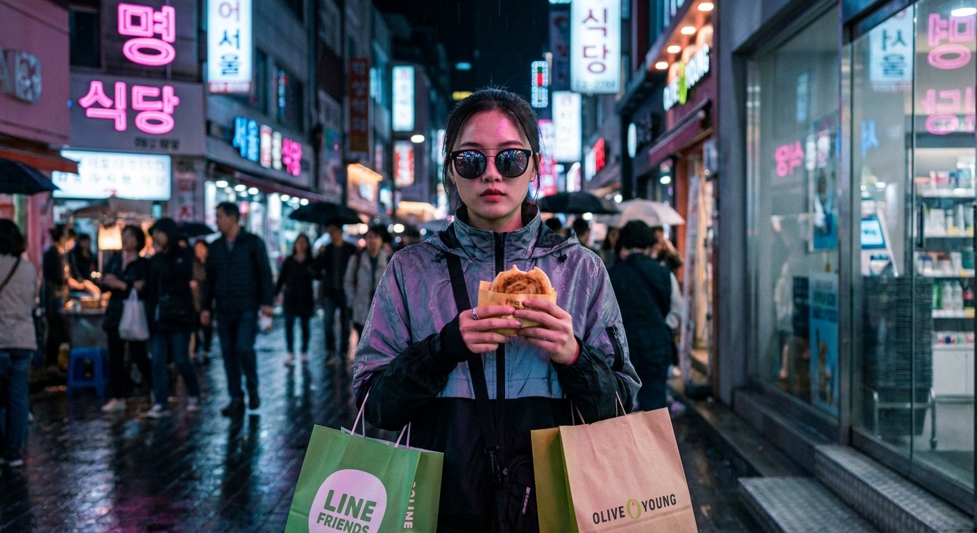 Mujeres jóvenes explorando una calle con tiendas de cosméticos en Corea del Sur