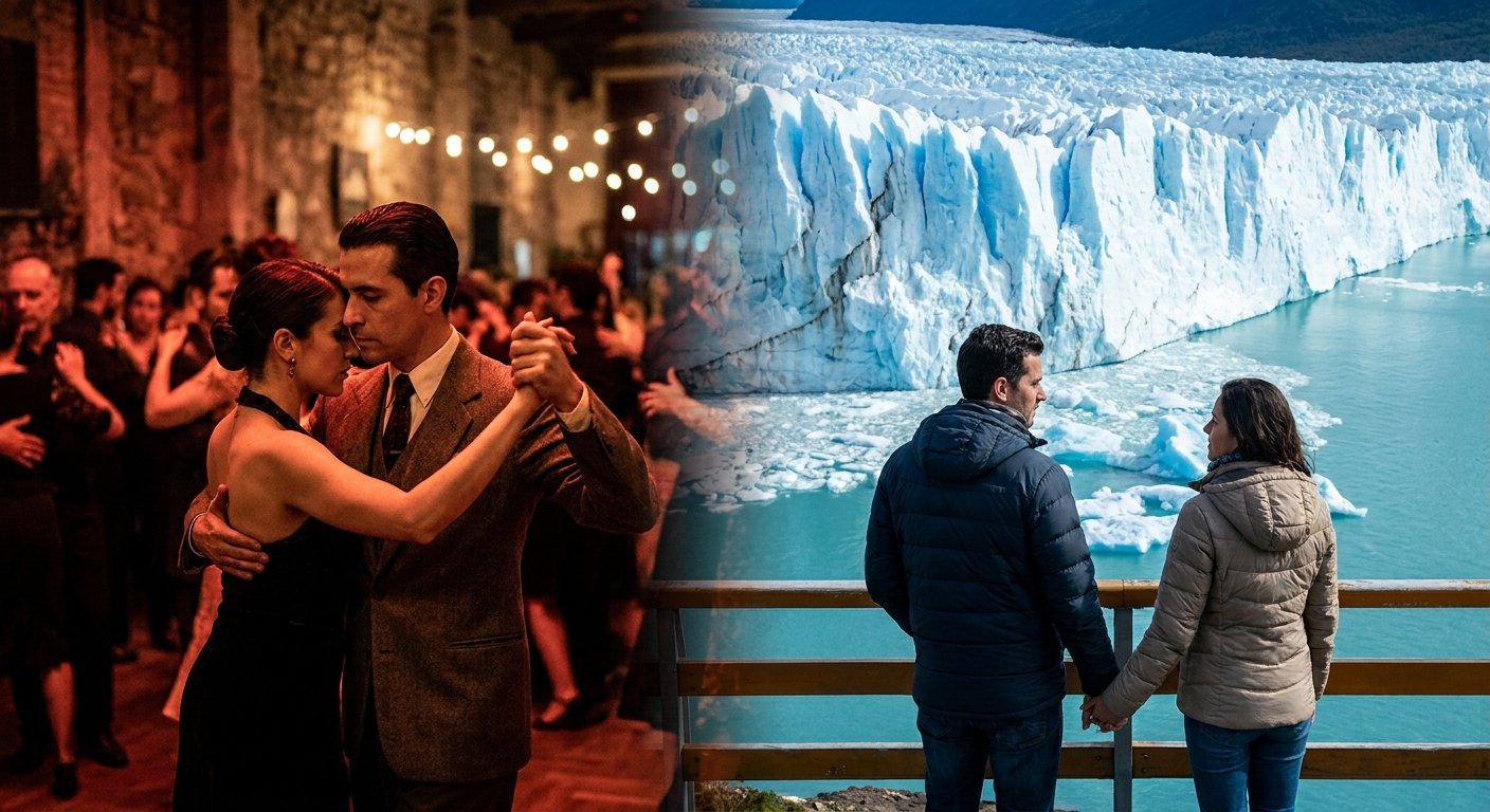 Pareja disfrutando de la inmensidad del glaciar en la Patagonia Argentina