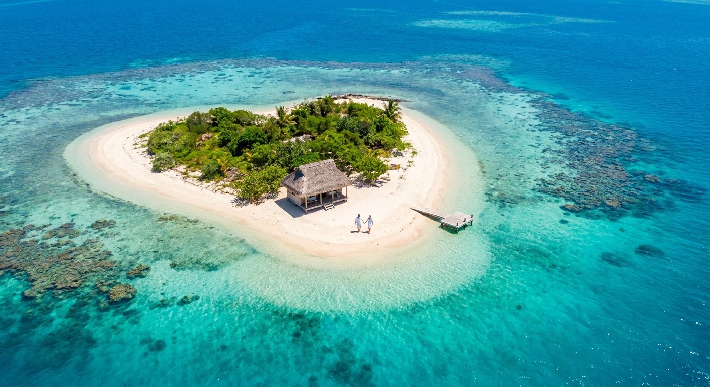 Vista aérea de una isla remota en Fiji con aguas cristalinas para luna de miel