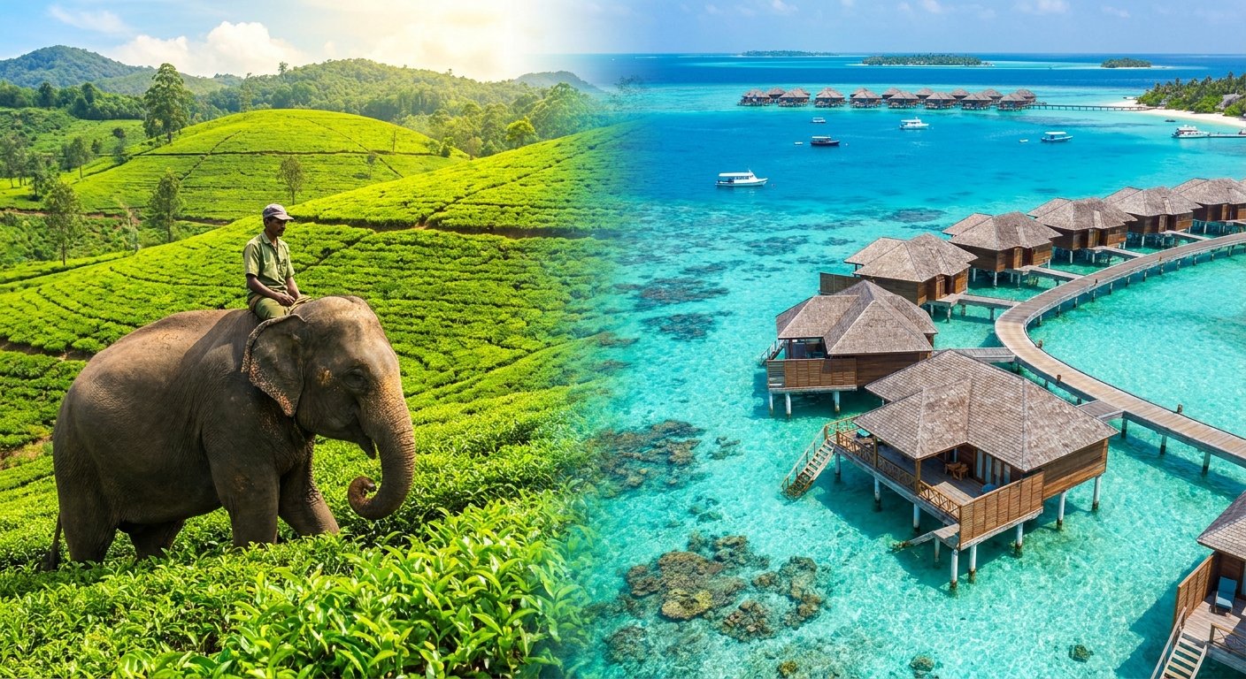 Paisaje paradisíaco de playa en Maldivas y templos en Sri Lanka